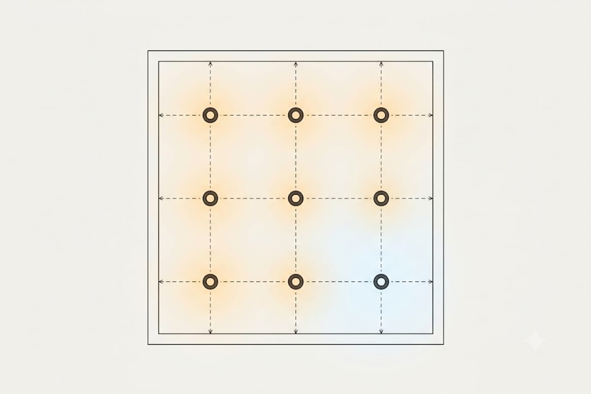 A ceiling plan showing a three by three grid of downlights in a square room