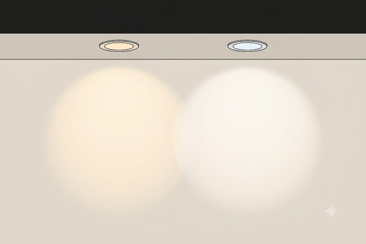 Two adjacent ceiling downlights of slightly different warmth