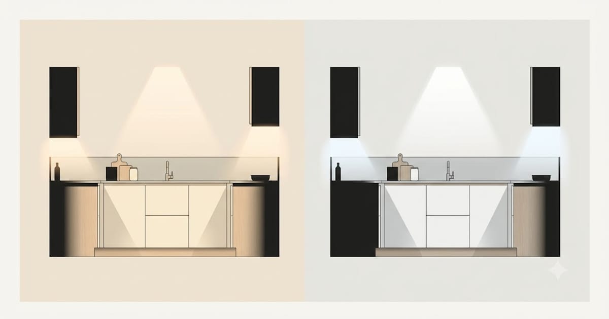 The same kitchen worktop rendered under warm and neutral light side by side