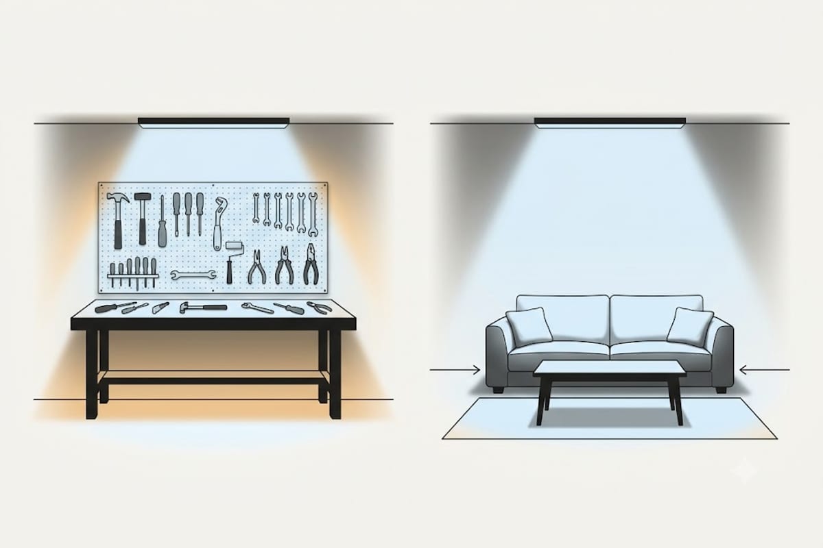 The same cool white light over a workbench and over a sofa