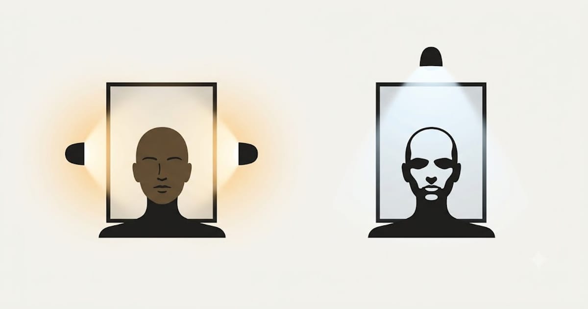 A face lit from both sides at the mirror against one lit from above