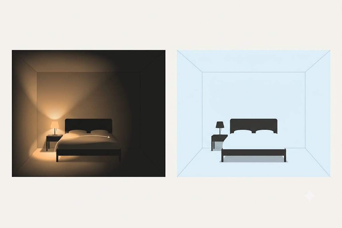 A bedroom rendered under warm light beside the same room under cool light
