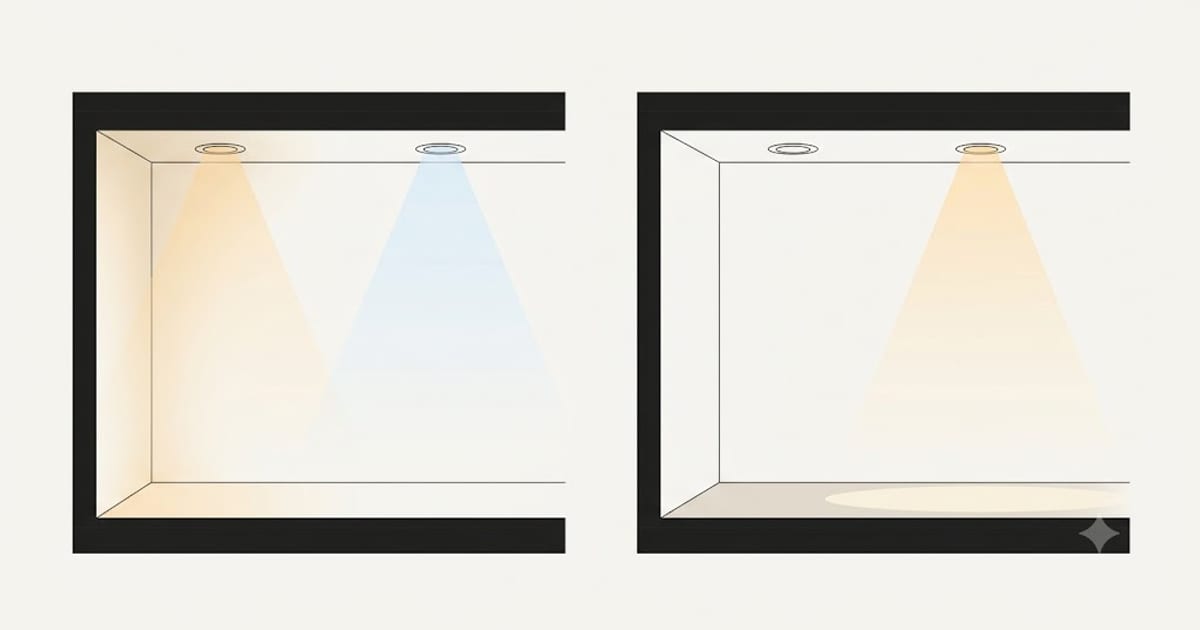 A section showing a downlight washing a wall against one placed too far away