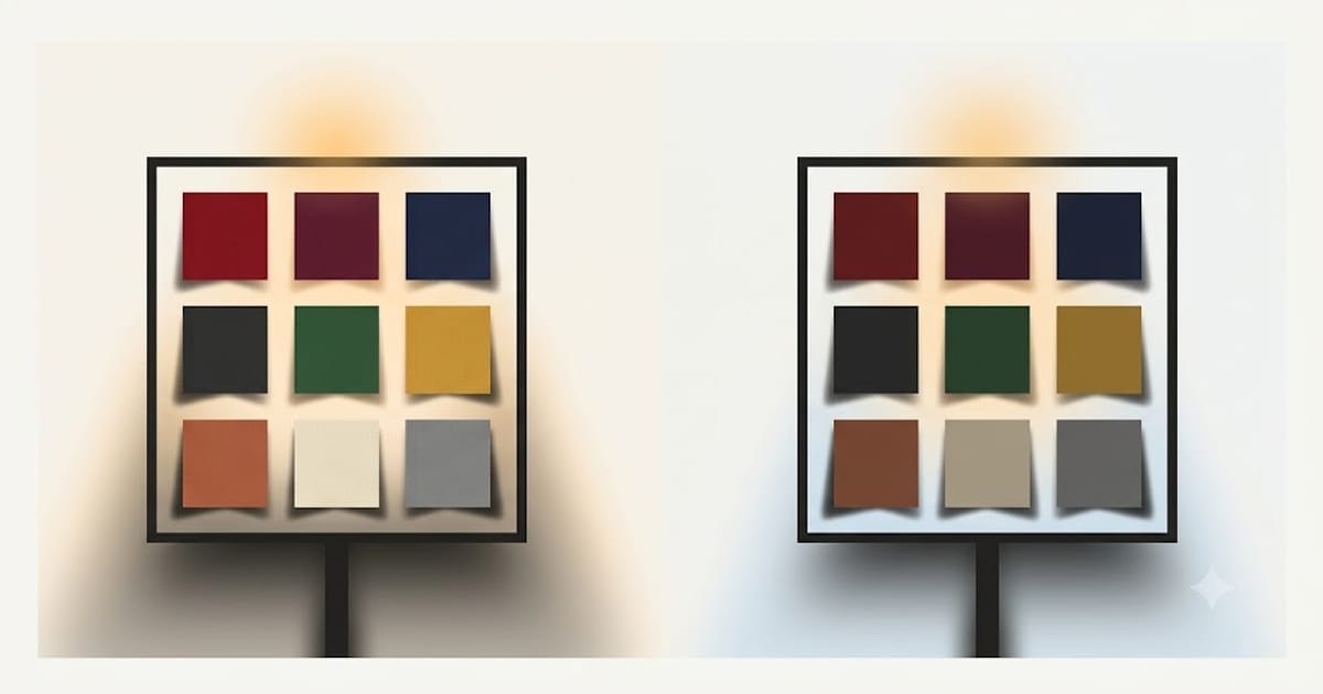 A wall of colored fabric swatches under two grades of light
