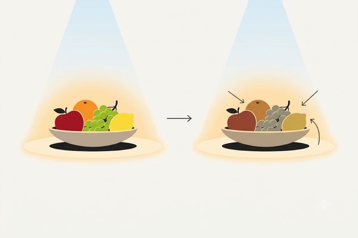 A bowl of fruit rendered under high CRI and low CRI light