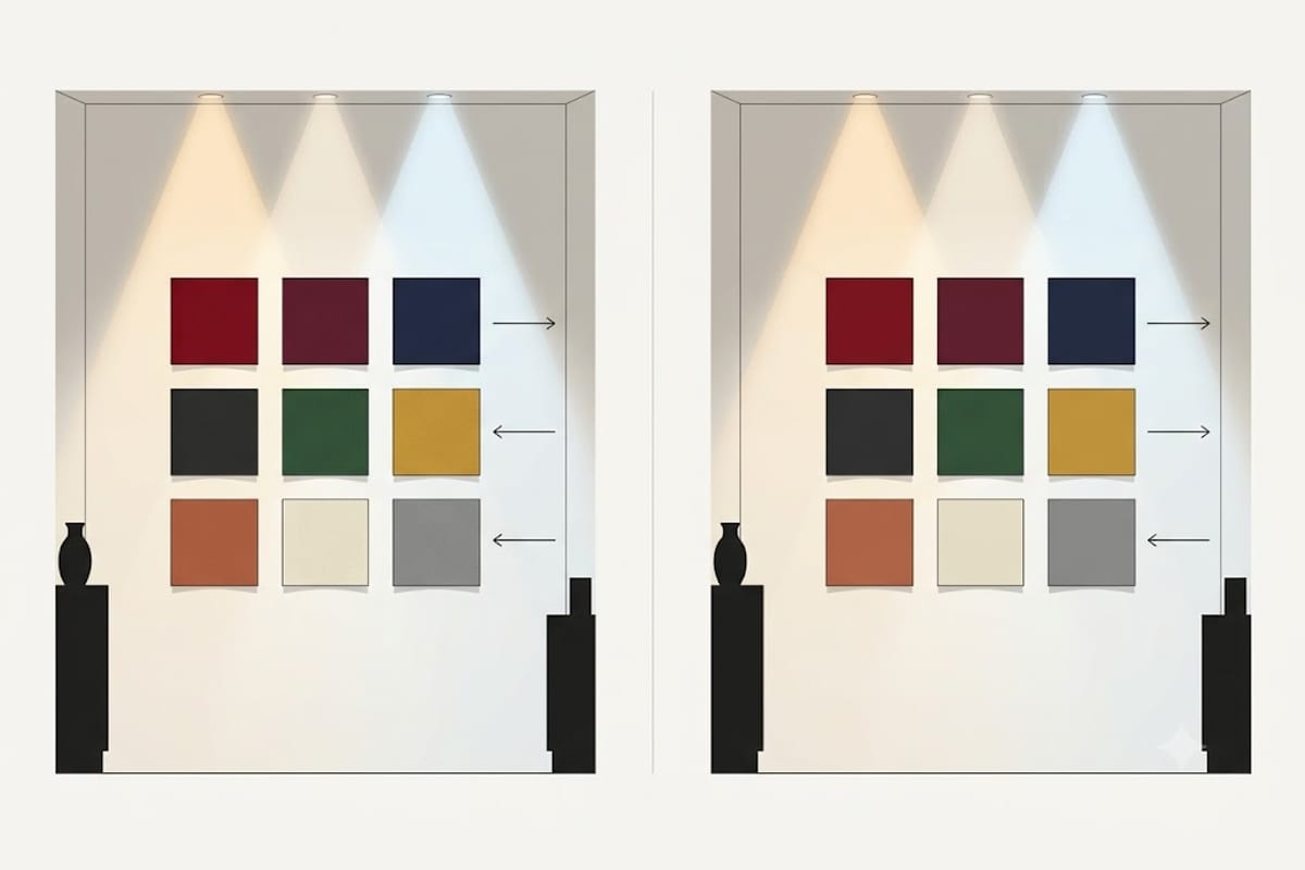 Fabric swatches rendered under CRI 90 and CRI 80 light