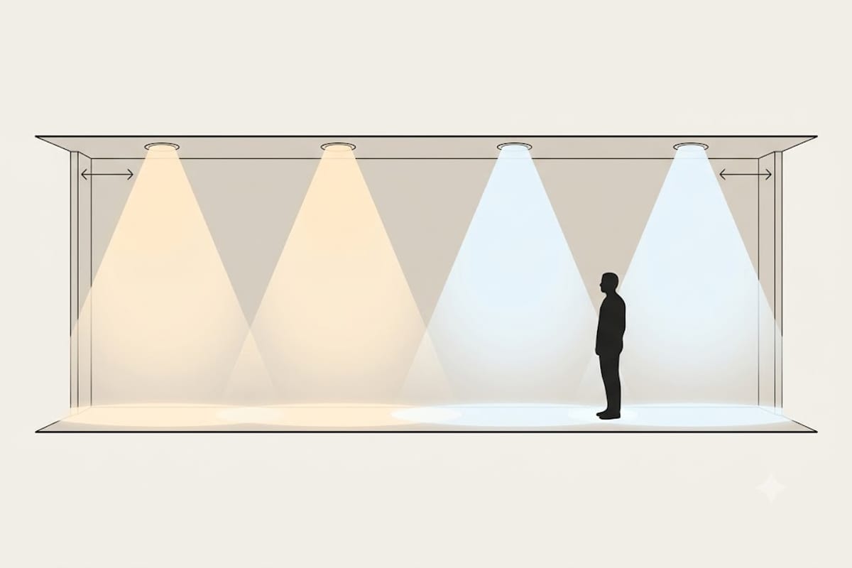 Overlapping cones of light from evenly spaced ceiling downlights