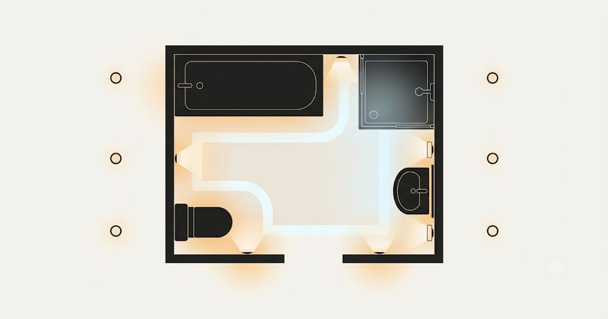 A bathroom plan showing fitting positions away from the mirror and shower