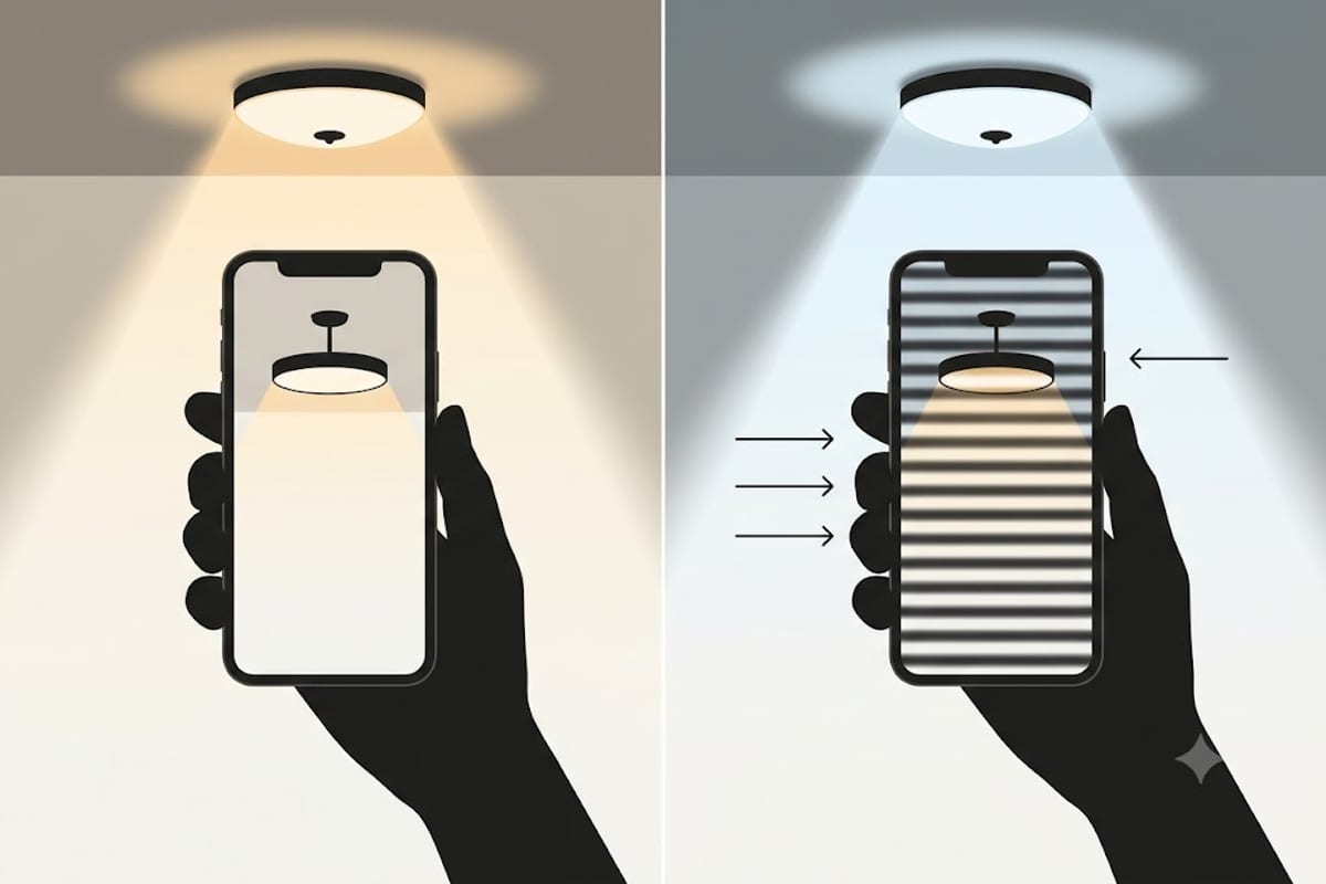 A phone screen showing dark banding when pointed at a flickering light