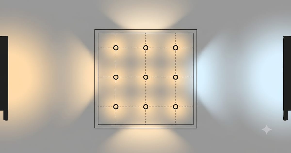 A ceiling plan of a square room with nine downlights in a three by three grid