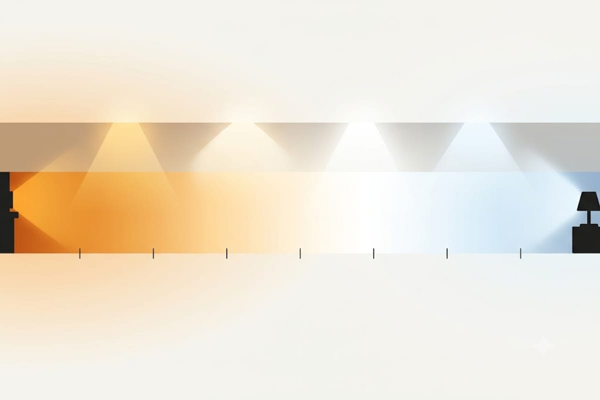 A continuous scale from deep amber through neutral white to cool blue-white
