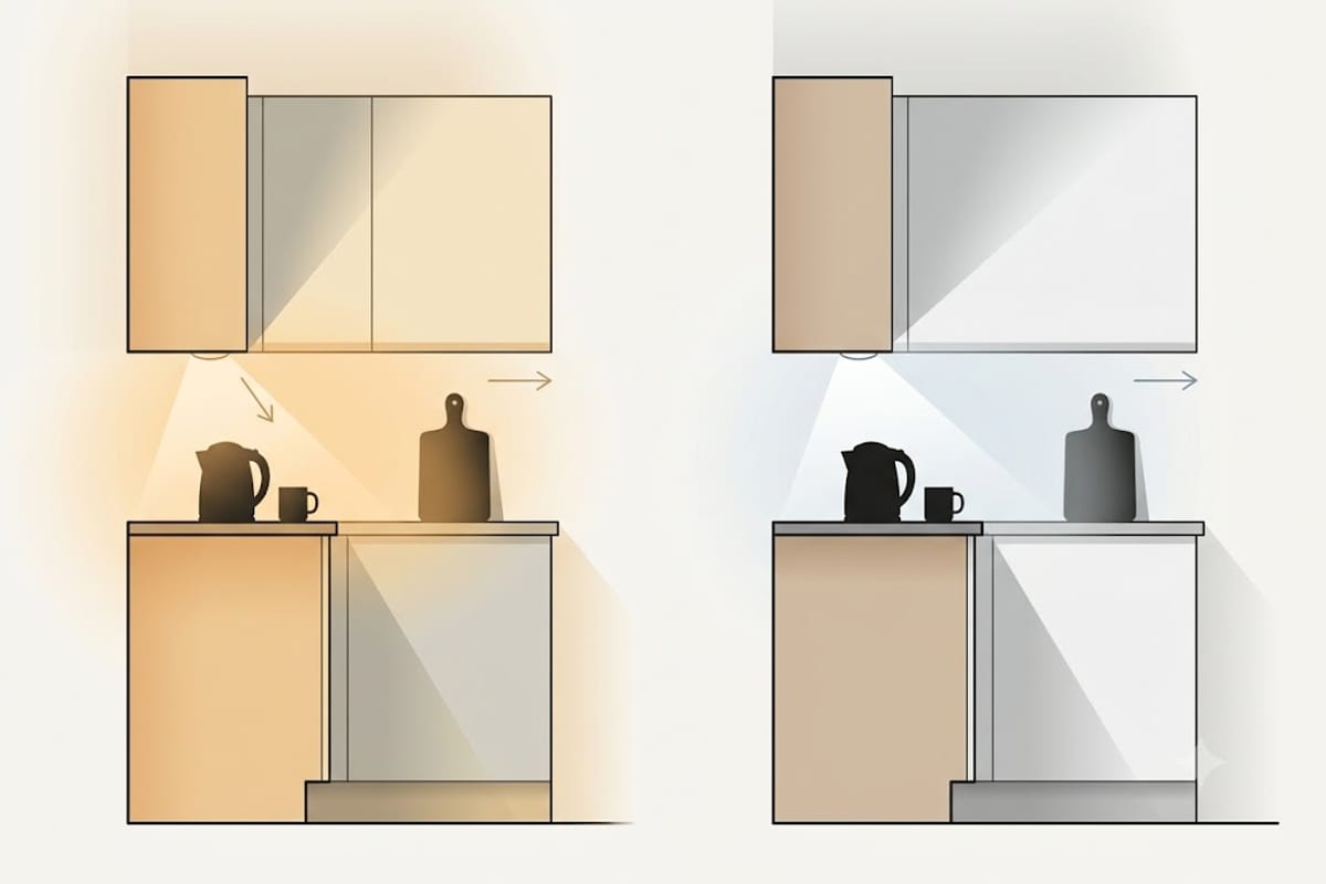 The same worktop and cabinet under 3000K and under 4000K