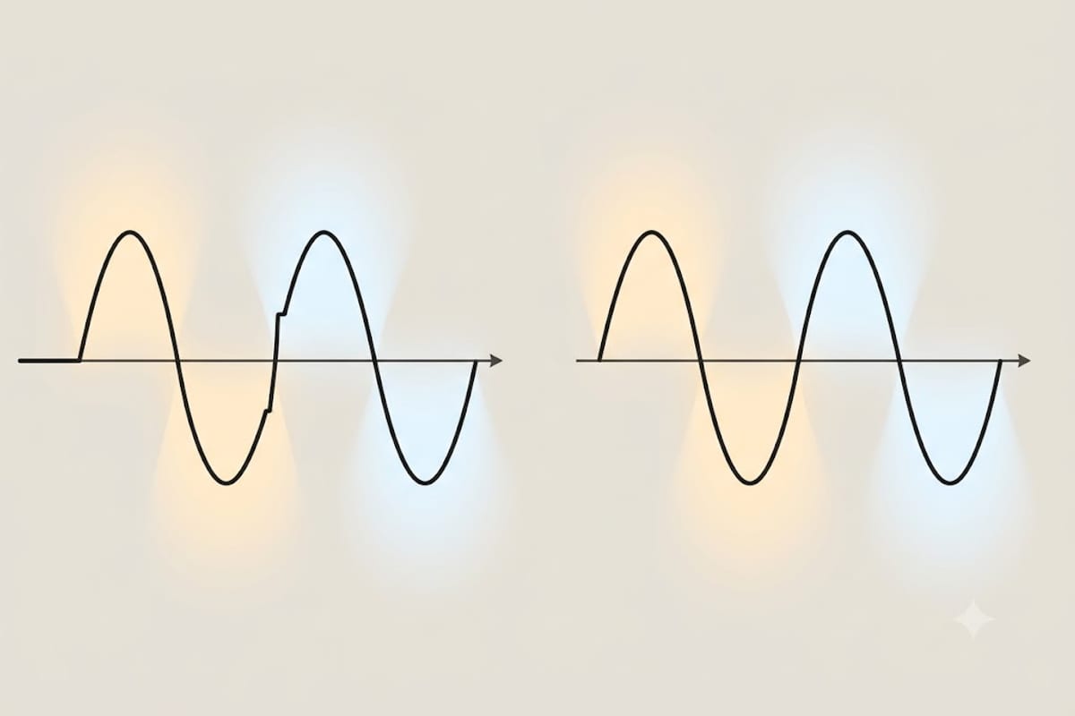 A waveform cut at the start of each half cycle against one cut at the end