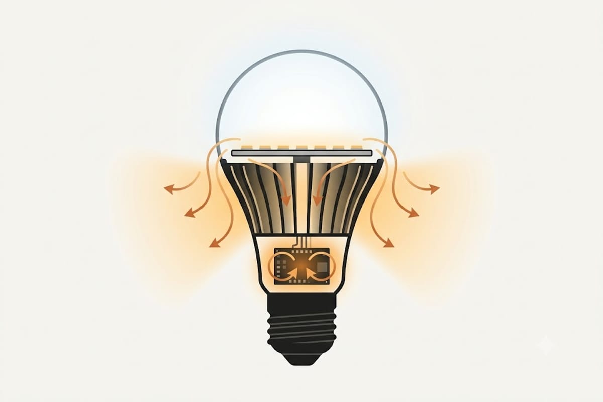 A cutaway LED bulb showing the driver compartment and heat path