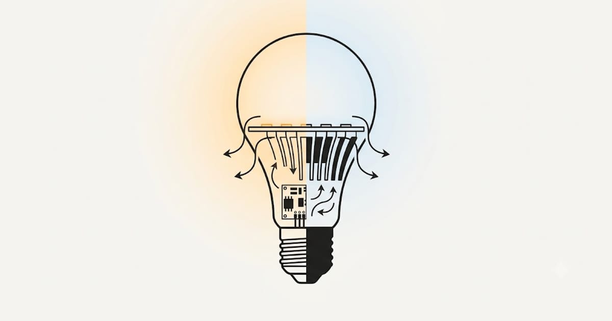 A cutaway of an LED bulb showing where heat builds up