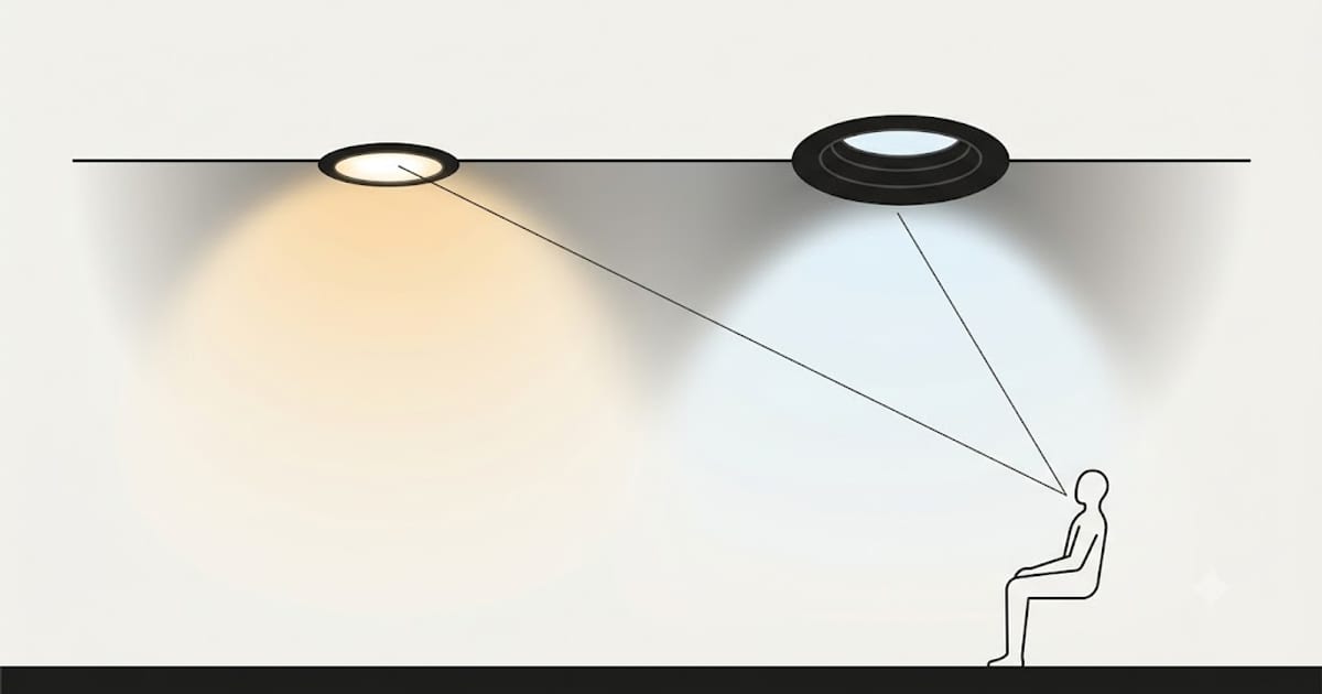 A shallow downlight with the bright source visible beside a deep-recessed one where it is hidden