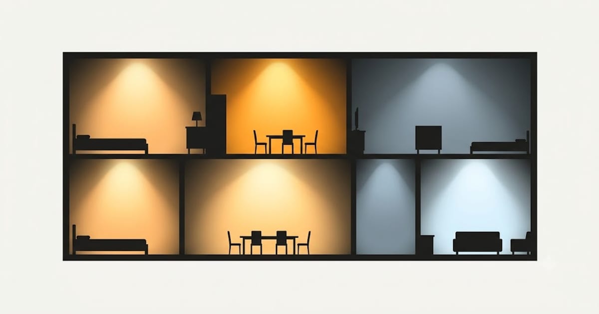 Rooms of a house lit to different levels