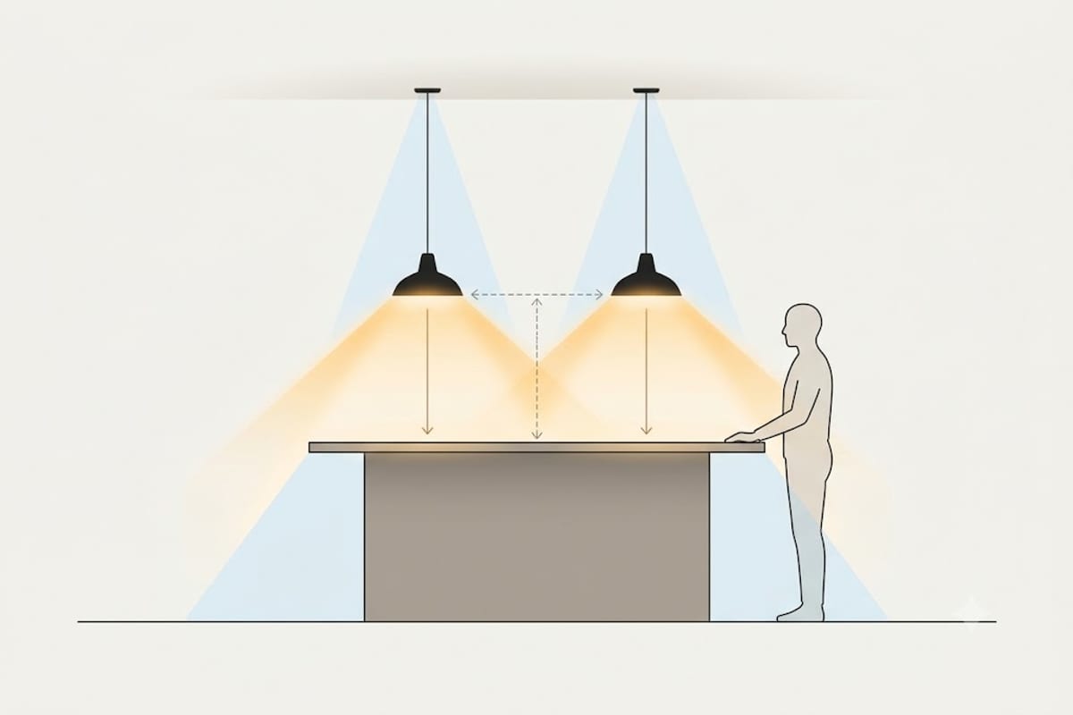 A side elevation showing pendant height above an island worktop