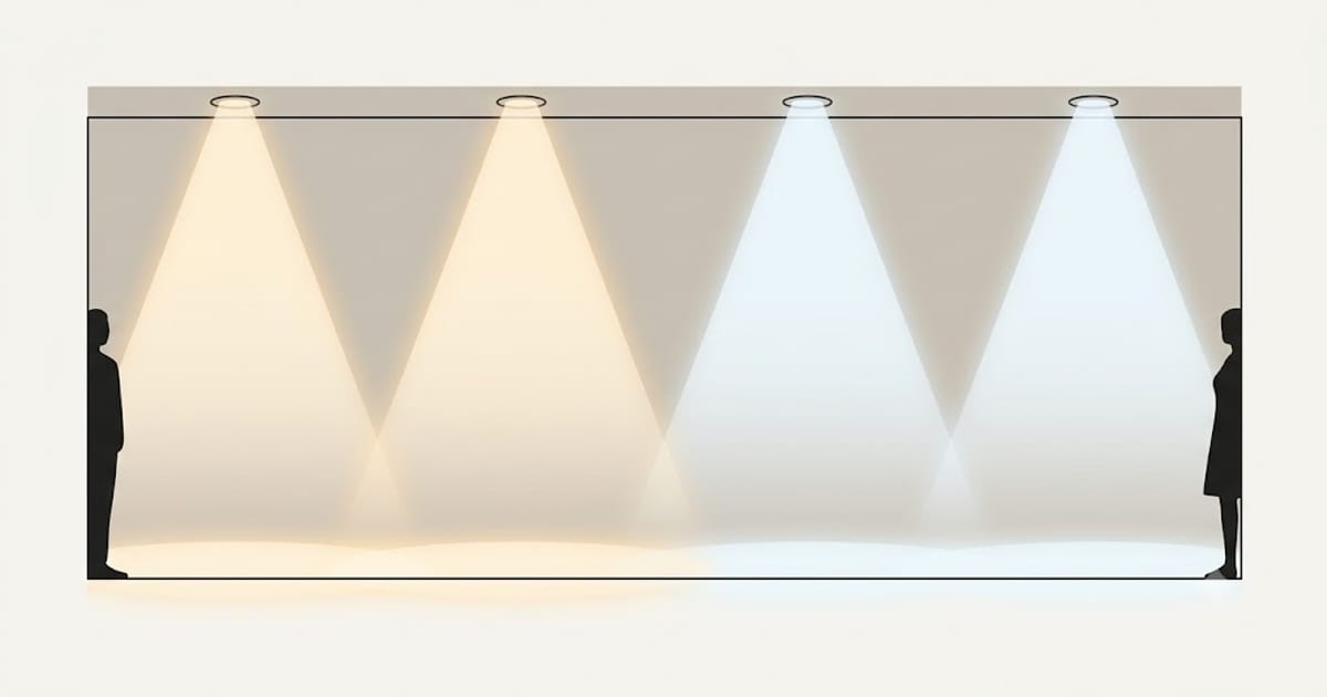 A ceiling section showing overlapping cones of light from evenly spaced downlights