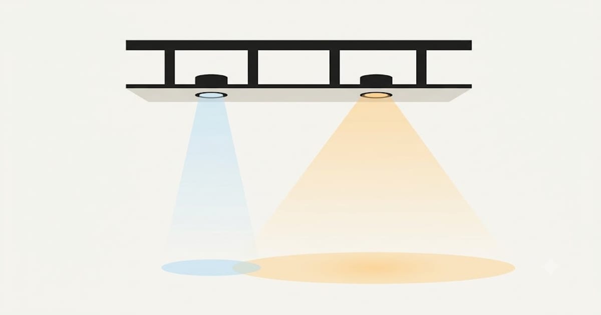 A halogen downlight beside an LED replacement showing different beam spreads