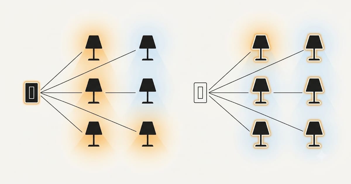 One switch controlling six bulbs against six individually smart bulbs