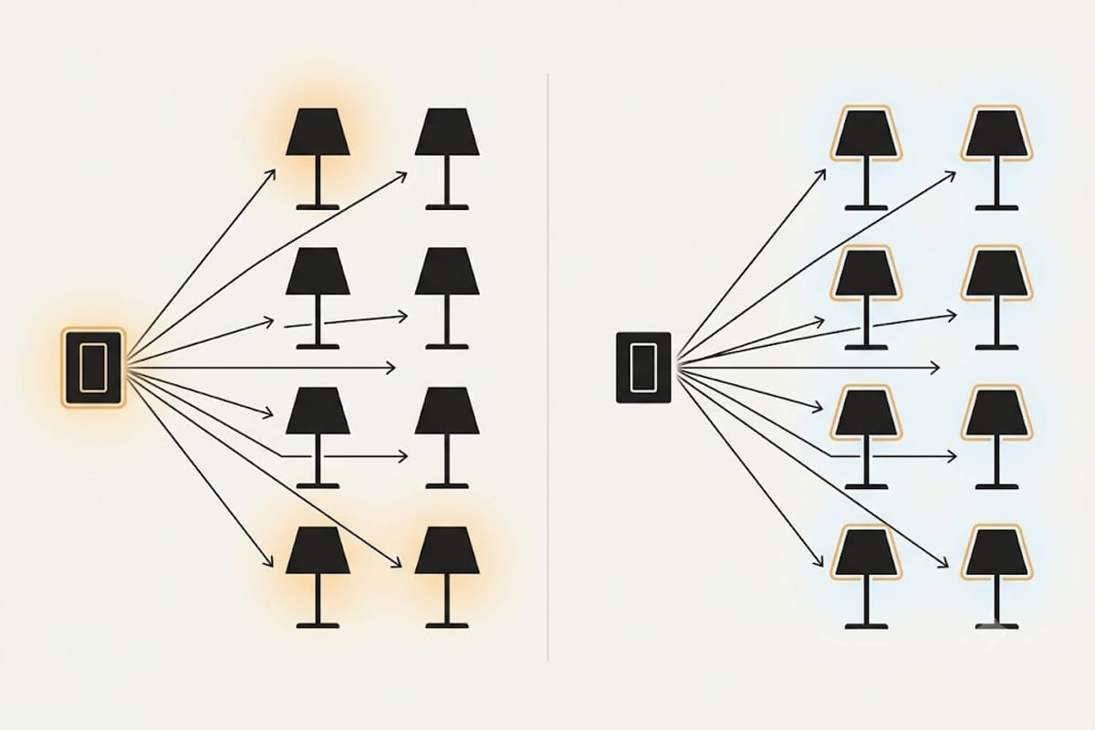 A single smart switch feeding six plain bulbs against six smart bulbs