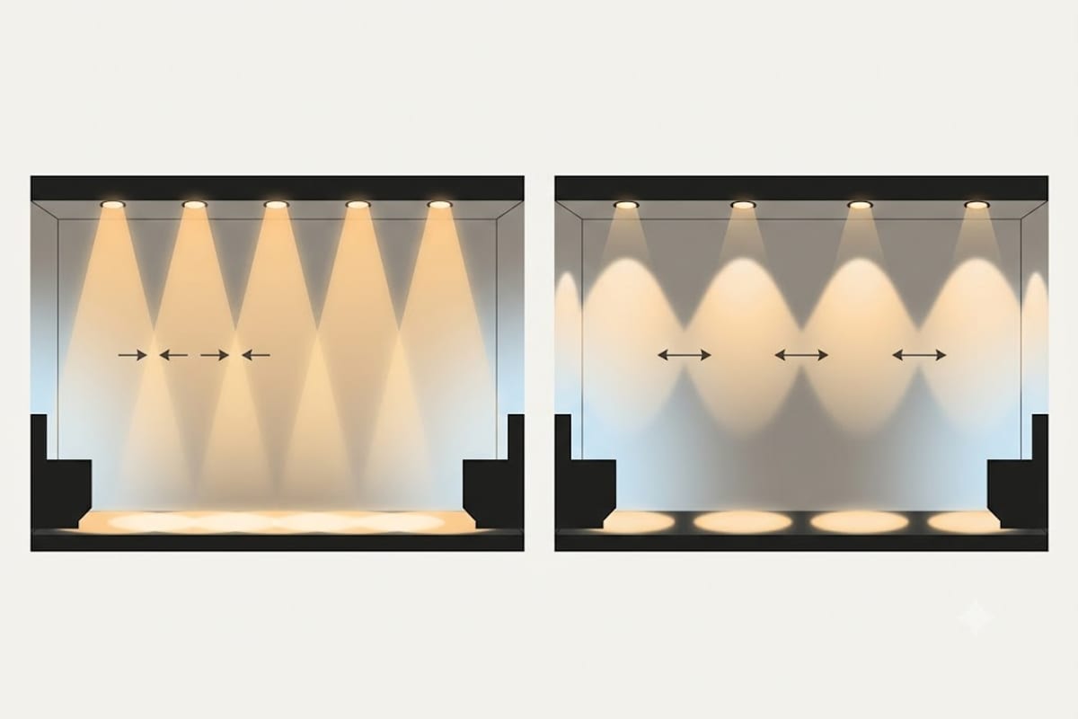 Downlights spaced too far apart leaving dark gaps between pools