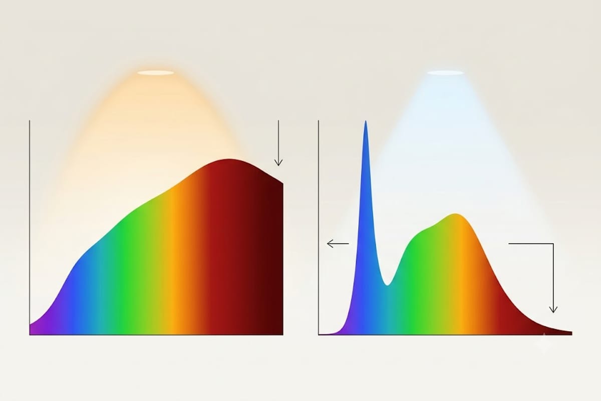 Two light spectra, one full and one with a gap in the deep reds