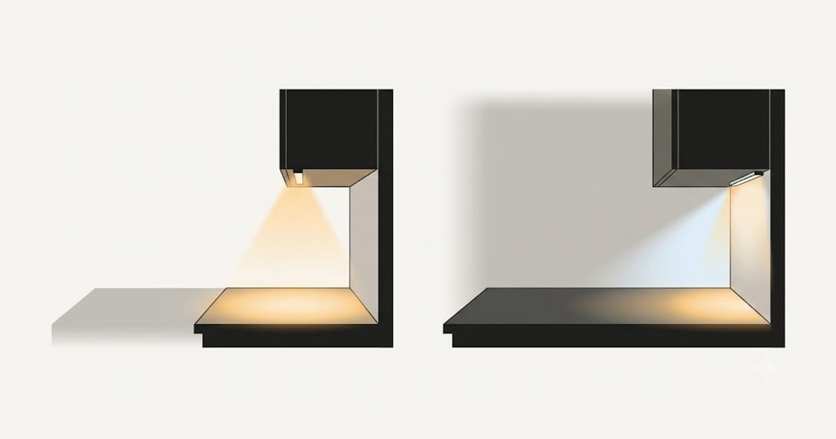 A section through a wall cabinet showing where the light strip sits