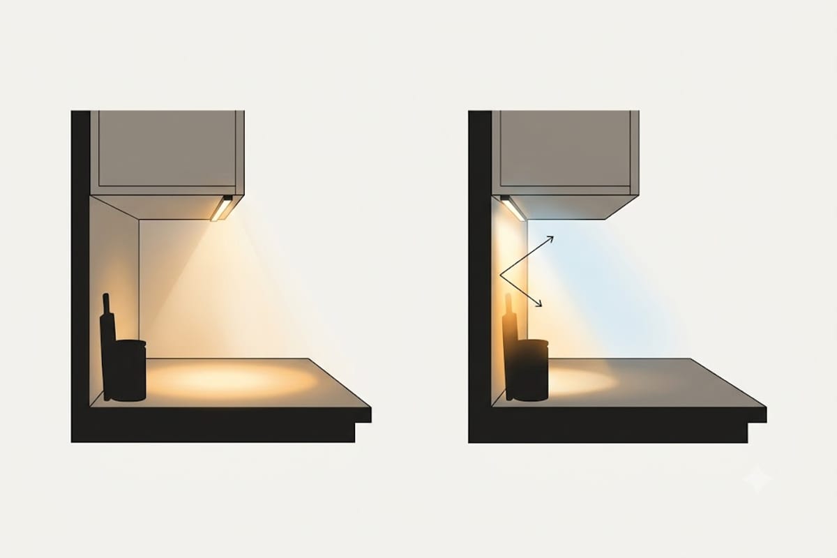 A strip mounted at the front edge of a cabinet against one mounted at the back
