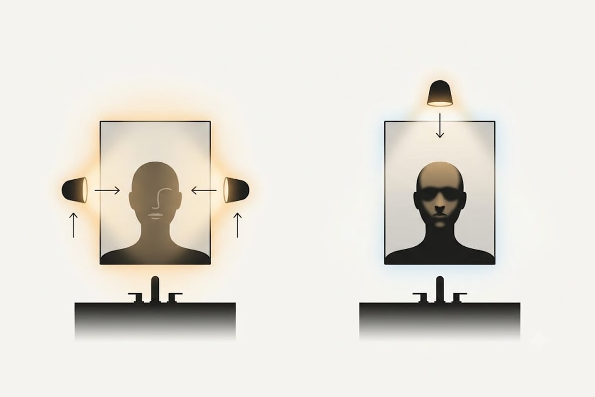 A face lit from both sides at the mirror against one lit from above