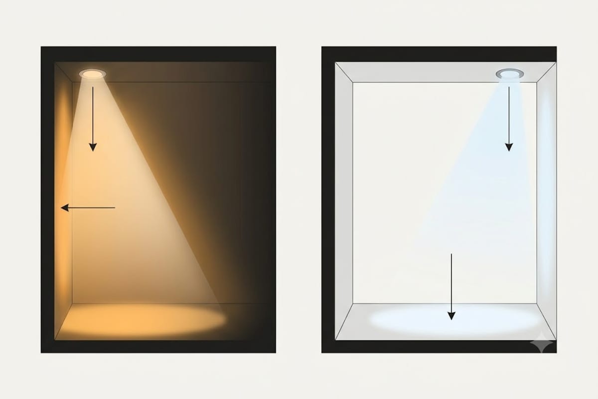 A downlight near the wall washing it with light against one placed too far in