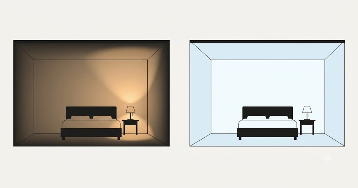 The same bedroom under warm evening light and under cool white light