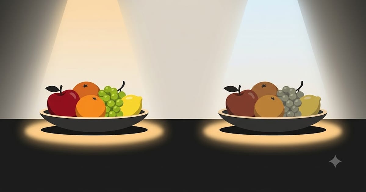 The same bowl of fruit under high and low color rendering light
