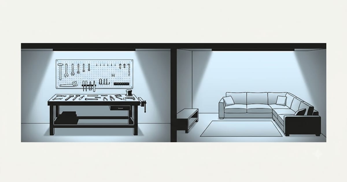 A workbench under cool white light beside a living room under the same light